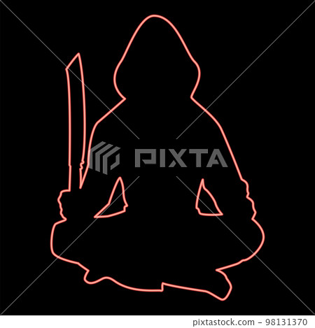 Neon man with sword machete Cold weapons in hand military man Soldier Serviceman in positions Hunter with knife Fight poses Strong defender Warrior concept Weaponry Lotus Pose red color vector 98131370