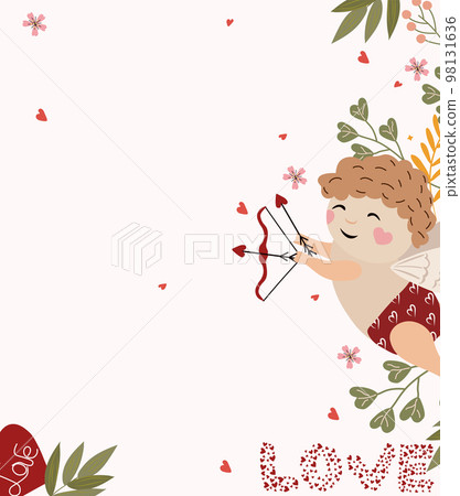 Banner for St. Valentine with Cupid shooting from a bow, flowers, leaves and hearts around. A little angel as a symbol of love. Composition for greeting cards, posters, banners. Vector illustration. 98131636