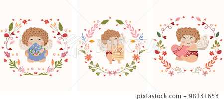 Banner for St. Valentine with a dreamy cupid holding a card, flowers and leaves around. A little angel as a symbol of love. Composition for greeting cards, posters, banners. Vector illustration. Banner for St. Valentine with a dreamy cupid holding a card, flowers and leaves around. A little angel as a symbol of love. Composition for greeting cards, posters, banners. Vector illustration. 98131653