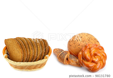 Bread and sweet pastry isolated on white. Free space for text. Bread and sweet pastry isolated on white. Free space for text. 98131780