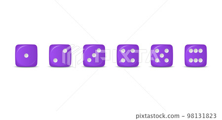 Vector 3d Realistic Purple Game Dice Icon Set Closeup Isolated on White Background. Game Cubes for Gambling, Casino Dices From One to Six Dots, Round Edges 98131823