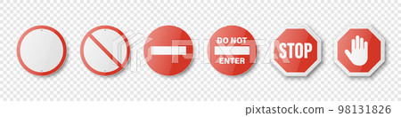 Vector White and Red Glossy Prohibition Stop Signs - Warning, Danger Sign Frame Icon Set Isolated. Dangerous Plates Collection. Design Template of Road Sign, Top View Vector White and Red Glossy Prohibition Stop Signs - Warning, Danger Sign Frame Icon Set Isolated. Dangerous Plates Collection. Design Template of Road Sign, Top View 98131826