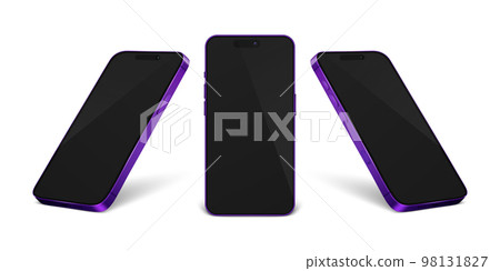Vector 3d Realistic Purple Modern Smartphone Design Template Set Closeup Isolated on White Background. Mobile Phone Mockup. Telephone Device UI UX, Phone in Front, Half Turn View Vector 3d Realistic Purple Modern Smartphone Design Template Set Closeup Isolated on White Background. Mobile Phone Mockup. Telephone Device UI UX, Phone in Front, Half Turn View 98131827