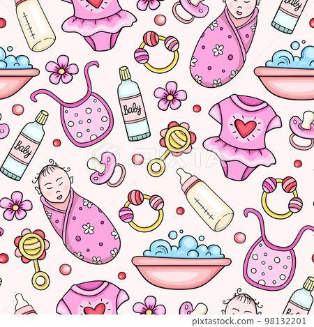 Cute seamless pattern with baby girl and pink... - Stock Illustration ...