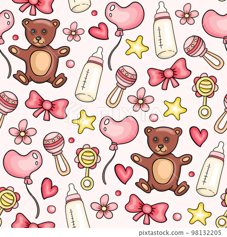 Pattern with toys and baby girl pink accessory. 98132205