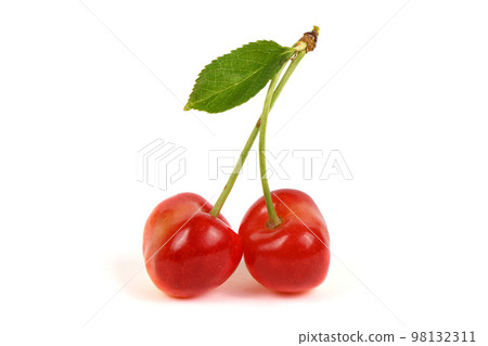 Light red sweet cherry with green leaves., side view isolated on white. Extrem close-up. Light red sweet cherry with green leaves., side view isolated on white. Extrem close-up. 98132311
