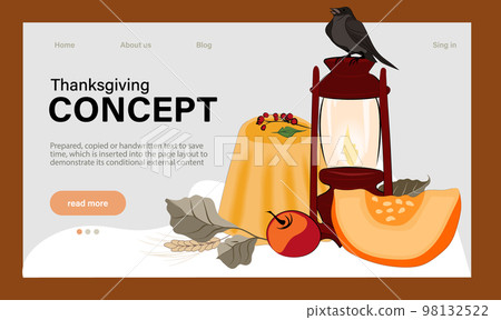 Happy Thanksgiving holiday vector design template for websites, posters, banners. Happy Thanksgiving with traditional food, turkey, pies, pumpkins and fruits. Vector website template 98132522