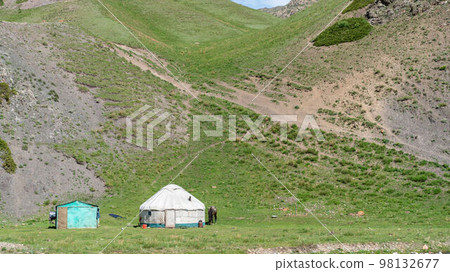 Traditional Yurt tent in Kyrgyzstan countryside. Yurt tents are traditional, portable tents made of felt that are used as a form of accommodation in the country. Traditional Yurt tent in Kyrgyzstan countryside. Yurt tents are traditional, portable tents made of felt that are used as a form of accommodation in the country. 98132677