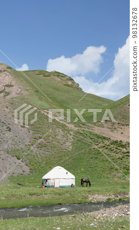 Traditional Yurt tent in Kyrgyzstan countryside. Yurt tents are traditional, portable tents made of felt that are used as a form of accommodation in the country. Traditional Yurt tent in Kyrgyzstan countryside. Yurt tents are traditional, portable tents made of felt that are used as a form of accommodation in the country. 98132678