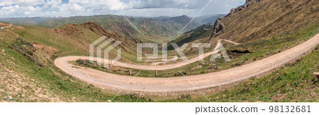 33 parrots, a zig zag serpentine road climbing up to Song Kul lake, a high alpine lake in the Tian Shan Mountains of Kyrgyzstan. 98132681