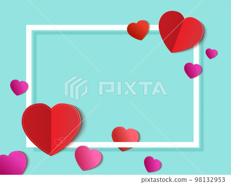 Background for card Valentines day. Red paper hearts on blue backdrop 98132953