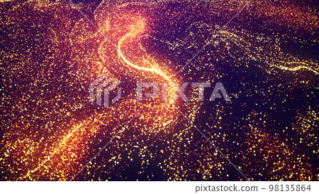 Abstract bg, golden magic glitters fly in air form beautiful swirls. Fiery sparkles float in viscous liquid. Sparkles in flow of turbulence force. 3d render 98135864