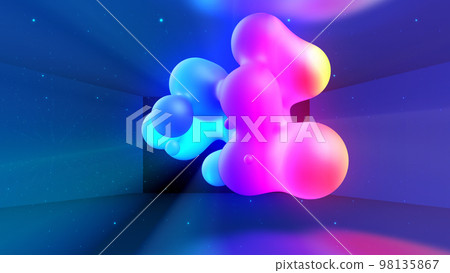 3d render. Spheres or balls in room merge like liquid wax drops or metaballs in-air. Liquid gradient of rainbow colors on drops with multi-colored glow, scattering light inside. 3d render. Spheres or balls in room merge like liquid wax drops or metaballs in-air. Liquid gradient of rainbow colors on drops with multi-colored glow, scattering light inside. 98135867