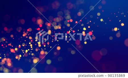 cloud of multicolored particles fly in air slowly or float in liquid like sparkles on dark blue background. Beautiful bokeh light effects with glowing particles. 3d render 98135869