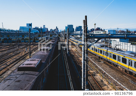 Suburbs of Tokyo View of train depot and city from Mitaka overpass towards Musashisakai Station 2022.12 b-2 Matte feeling Suburbs of Tokyo View of train depot and city from Mitaka overpass towards Musashisakai Station 2022.12 b-2 Matte feeling 98136796