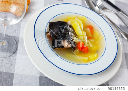 Salmon offal soup served in bowl Salmon offal soup served in bowl 98136853