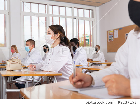 Group of medical academy students in protective masks at lesson 98137155