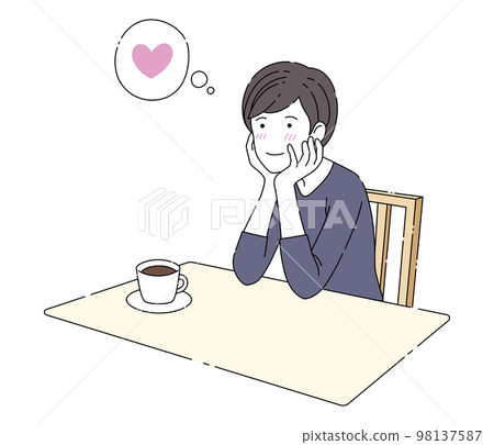 A heart-shaped balloon with a heart-thumping man at a cafe 98137587