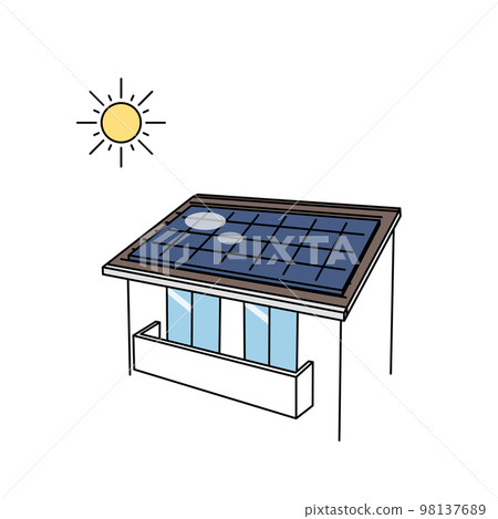 Solar power generation, illustration of a house with solar panels attached to the roof Solar power generation, illustration of a house with solar panels attached to the roof 98137689