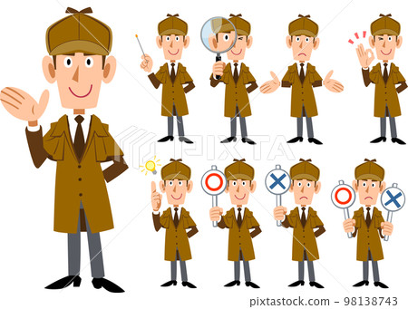 男偵探全身圖 1 套 9 種不同的面部表情和手勢 98138743