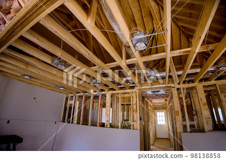 Before installing plasterboard, all communications and thermal insulation are installed in new building under construction 98138858