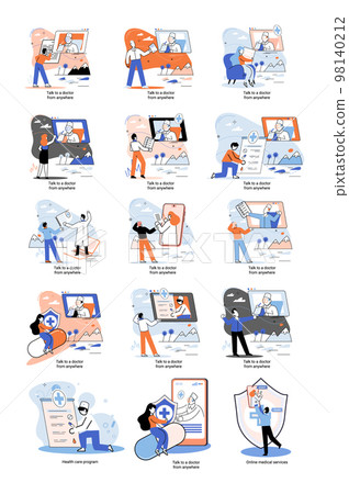 Mobile medicine. Online medical services metaphor, health care program, talk to doctor from anywhere Mobile medicine. Online medical services metaphor, health care program, talk to doctor from anywhere 98140212