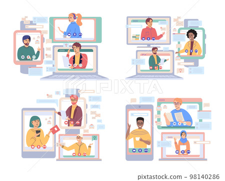Virtual meeting, online teamwork. Computer with group of colleagues taking part in video conference 98140286