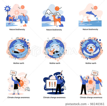 Change climate awareness, saving planet, Mother Earth day, nature biodiversity illustrations set metaphor 98140361