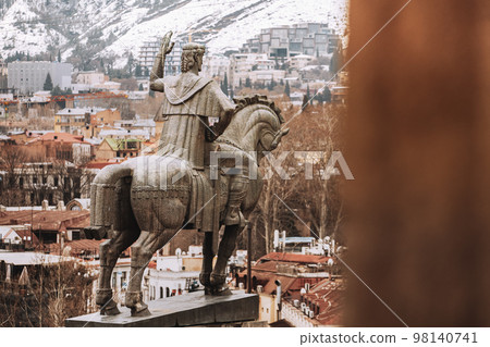 Tbilisi, Georgia. Famous Landmark Equestrian Statue Of King Vakhtang Gorgasali near Metekhi church. Gorgasali monument in Georgian Capital. close 98140741