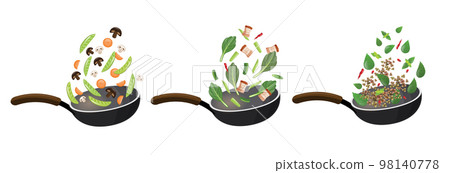 set of stir fry fresh vegetables with pepper in a pan set of stir fry fresh vegetables with pepper in a pan 98140778