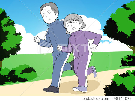 Senior man and woman running in the park 98141075