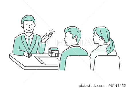 Vector illustration of a man and woman (couple/family) having a meeting with an architect (new construction, home renovation) 98141452