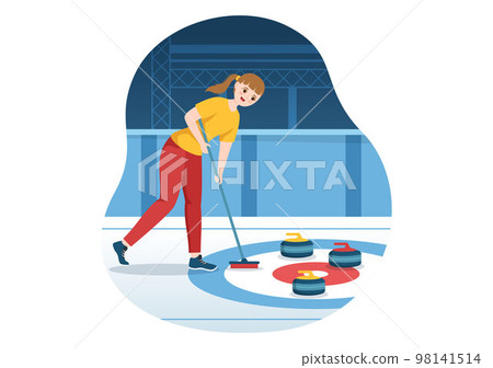 Curling Sport Illustration with Team Playing Game of Rocks and Broom in Rectangular Ice Ring in Championship Flat Cartoon Hand Drawn Template Curling Sport Illustration with Team Playing Game of Rocks and Broom in Rectangular Ice Ring in Championship Flat Cartoon Hand Drawn Template 98141514