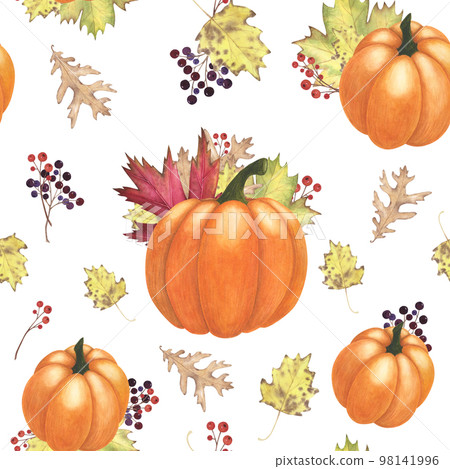 Autumn leaf, berries and pumpkins seamless pattern isolated on white. Watercolor hand drawn illustration. Art for design Autumn leaf, berries and pumpkins seamless pattern isolated on white. Watercolor hand drawn illustration. Art for design 98141996