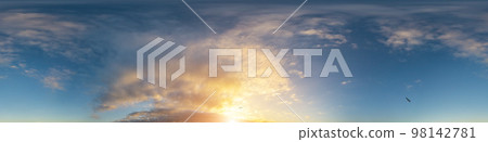 Dark blue sunset sky panorama with Cumulus clouds. Seamless hdr pano in spherical equirectangular format. Complete zenith for 3D visualization, game and sky replacement for aerial drone 360 panoramas. Dark blue sunset sky panorama with Cumulus clouds. Seamless hdr pano in spherical equirectangular format. Complete zenith for 3D visualization, game and sky replacement for aerial drone 360 panoramas. 98142781