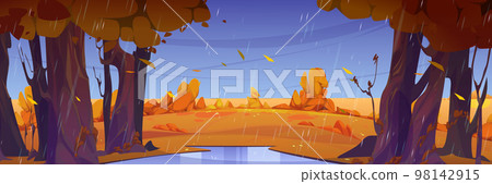 Rain in autumn forest, wild nature landscape, fall Rain in autumn forest, wild nature landscape, fall 98142915