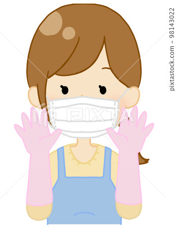 A woman wearing a mask, rubber gloves, and an apron 98143022