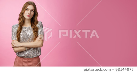 Cutiour thoughtful charming young caucasian female dress-up party night-out look up thinking dreaming, have idea consider were go, standing pleased upbeat ready have fun all night, pink background Cutiour thoughtful charming young caucasian female dress-up party night-out look up thinking dreaming, have idea consider were go, standing pleased upbeat ready have fun all night, pink background 98144075