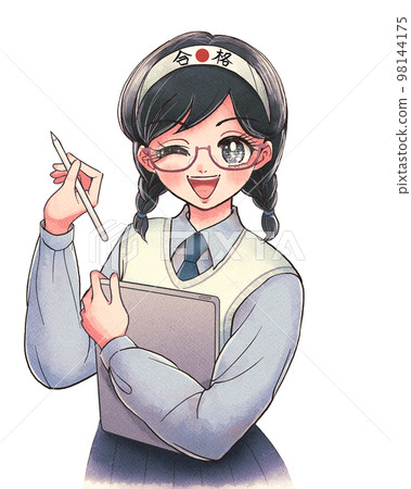 High school student with glasses studying with hand-drawn illustration/exam preparation app 98144175