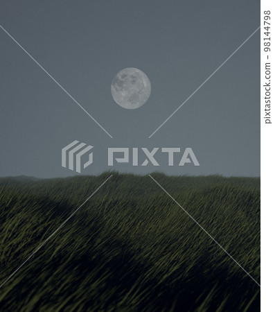 Sci-Fi surreal dreamy landscape with full moon. 3d render, 3d illustration. Sci-Fi surreal dreamy landscape with full moon. 3d render, 3d illustration. 98144798