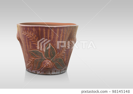 old brown and green clay pot on grey background, object, old, dirty, gift, vintage, retro, copy space 98145148