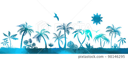 Hand Drawn Tropical Island . Blue palm trees abstract. Horizontal seascape Vector illustration 98146295