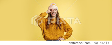 Smiling optimistic happy charming girl show okay ok gesture assuring everthing alright keep up supporting you, like awesome idea excited try out, standing satisfied yellow background Smiling optimistic happy charming girl show okay ok gesture assuring everthing alright keep up supporting you, like awesome idea excited try out, standing satisfied yellow background 98146314