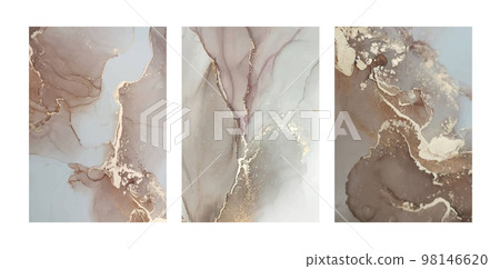 Liquid abstract marble painting background print with beige gold glitter splatter texture. Triptych set of three posters. 98146620