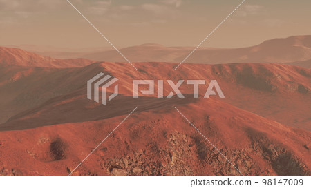 Sunset over the sand dunes in the desert. Aerial view 98147009