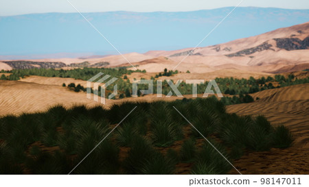 Scenic desert steppe landscape with mountains Scenic desert steppe landscape with mountains 98147011