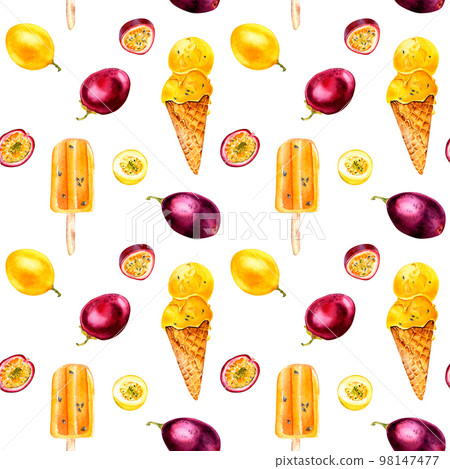 Purple, yellow maracuja and ice-cream watercolor seamless pattern isolated on white background. 98147477