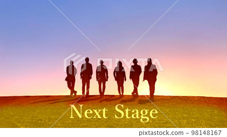 Six men and women silhouettes, NextStage letters and the sunrise sky 98148167