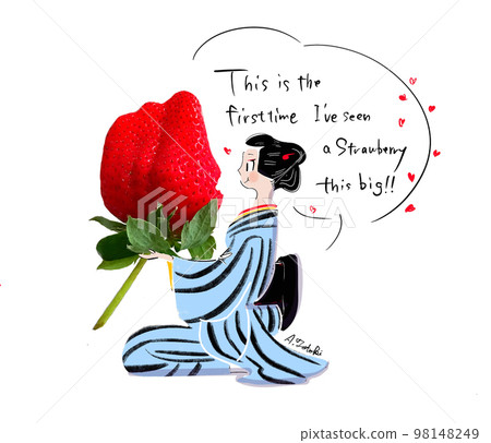 Illustration of a kimono woman eating strawberries 98148249