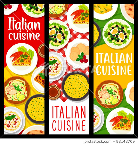 Italian cuisine meals banners, vector cream cheese pie crosstata, tuna salad with pasta and olives. Chicken salad with pasta and vegetables, Amaretti cookies, creamy polenta, eggplant casserole dishes 98148709
